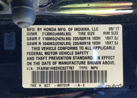 2017 Honda Cr-V Ex-L/Ex-L Navi from USA, damaged, VIN 7FARW1H82HE027787